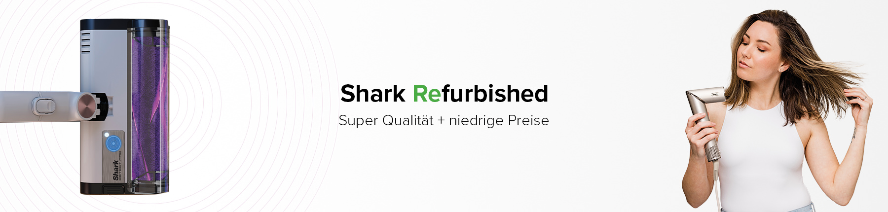 shark refurbished frau mit haarstyler und akku-staubsauger